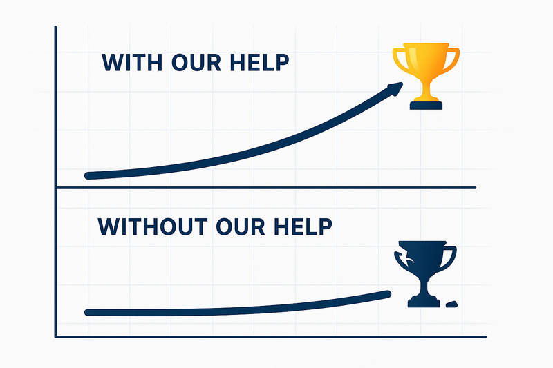 a line that makes steady progress and reaches a trophy, above the graph it says "with our help". Then it also has a line that makes no progress or goes very slow and doesnt reach a trophy, again there is text above the graph saying "without our help" and the trophy for that is like broken. it should all be a darkish blue and have a gradient, white background, and should be animated with a slight scale effect when hovered over